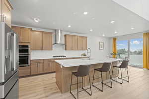 Kitchen with stainless steel appliances, a kitchen island with sink, a kitchen breakfast bar, light wood LVP floors, and recessed lighting