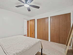 Bedroom featuring two closets, carpet, and ceiling fan