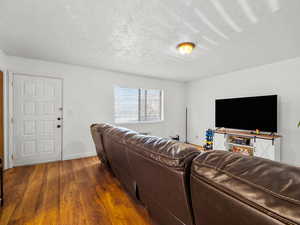 Living area featuring dark wood-type flooring and a textured ceiling