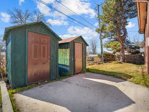 View of shed with a fenced backyard