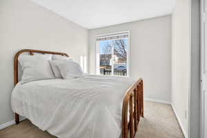 Bedroom featuring baseboards and light carpet