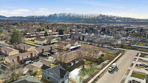Aerial view of residential area with a mountain backdrop