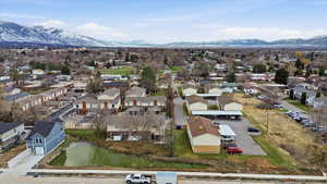 Aerial view of residential area with a mountainous background