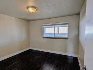 Spare room with a textured ceiling and dark wood finished floors