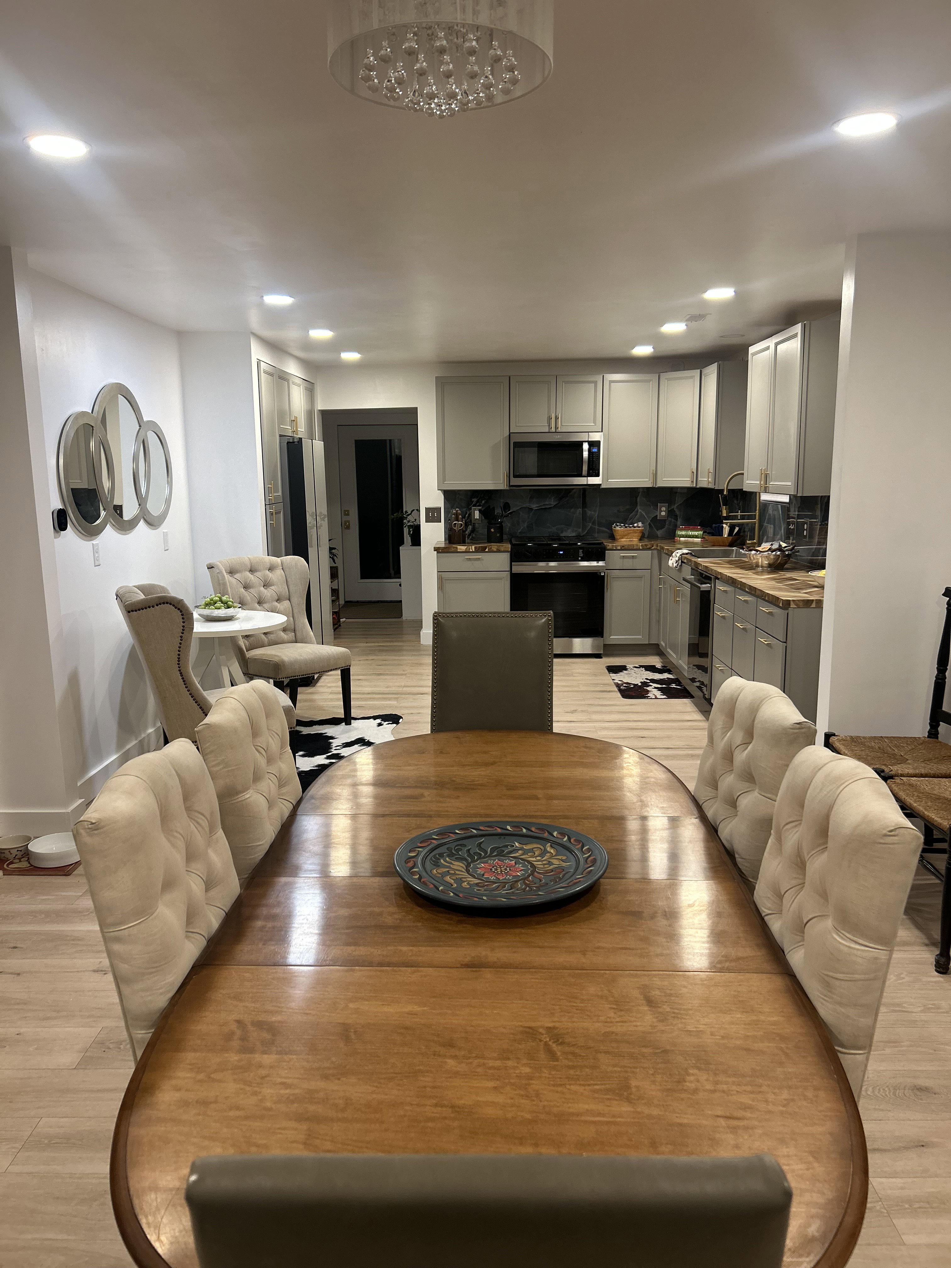 Dining room featuring light wood-style flooring and recessed lighting