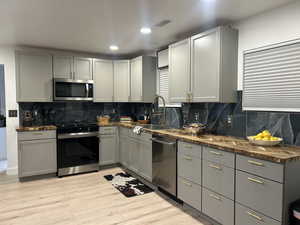 Kitchen featuring gray cabinets, stainless steel appliances, backsplash, light wood-style floors, and recessed lighting