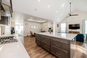 Kitchen featuring open floor plan, dark wood finish cabinetry, dark wood-style flooring, a center island, and exhaust hood