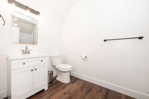 Bathroom featuring vanity, lofted ceiling, curtained shower, and dark wood-style floors