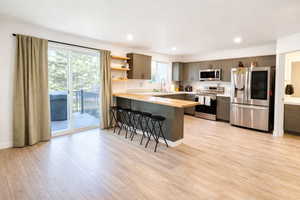 Kitchen with a peninsula, stainless steel appliances, a kitchen bar, open shelves, and light wood finished floors