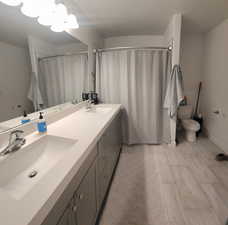 Full bathroom featuring light wood-style floors, double vanity, and a shower with curtain