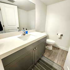 Bathroom featuring vanity and dark wood-style flooring