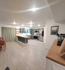 Kitchen with open shelves, a peninsula, stainless steel appliances, and light wood finished floors