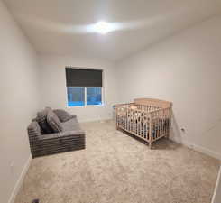 Bedroom featuring a crib and light colored carpet