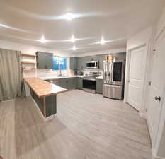 Kitchen featuring open shelves, a peninsula, stainless steel appliances, light wood-style flooring, and butcher block countertops