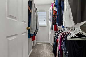 Walk in closet with dark colored carpet
