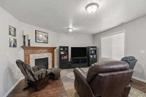 Living area featuring wood finished floors, a fireplace, and a textured ceiling