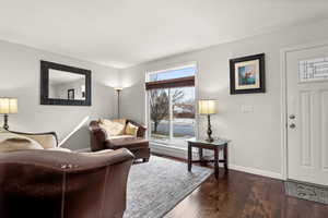 Living room with dark wood-style flooring and baseboards