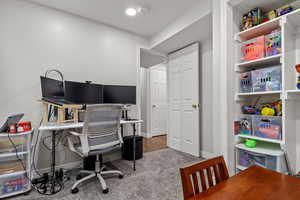 Office space featuring light colored carpet and baseboards