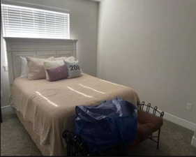 Carpeted bedroom featuring baseboards