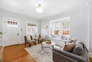 Living room featuring crown molding, healthy amount of natural light, and wood finished floors