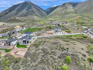 Aerial perspective of suburban area featuring a mountain backdrop