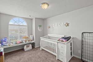 Carpeted bedroom featuring a crib and a textured ceiling
