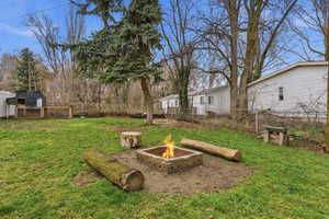 Fenced backyard featuring an outdoor fire pit and a patio area