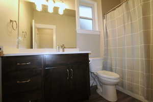 Main bathroom featuring a vanity, a tub & shower combo, and dark wood-style floors