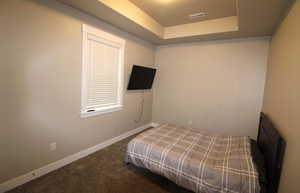 2nd Bedroom with a tray ceiling and dark colored carpet