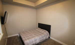 2nd Bedroom with a tray ceiling and dark colored carpet
