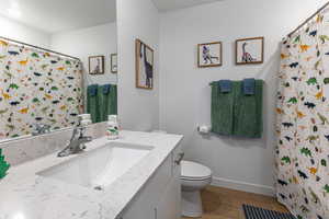 Full bath with curtained shower, vanity, and light wood-type flooring