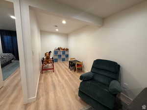 Living area featuring light wood-type flooring and recessed lighting