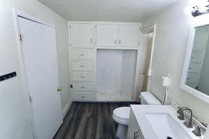 Bathroom with vanity and dark wood-type flooring