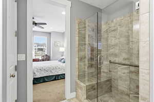 Full bathroom featuring ensuite bath, a shower stall, carpet flooring, a ceiling fan, and recessed lighting