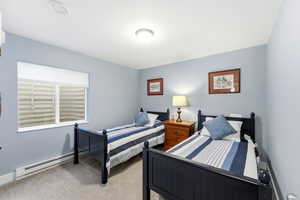 Bedroom with light carpet and a baseboard heating unit