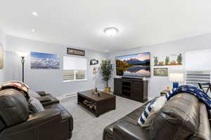 Living room featuring carpet, a baseboard radiator, and recessed lighting