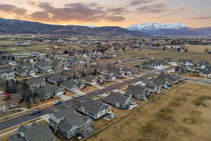 Aerial perspective of suburban area with mountains