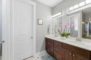 Full bathroom featuring double vanity and a stall shower