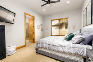Bedroom featuring light carpet, recessed lighting, and ceiling fan