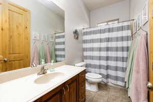 Full bathroom featuring vanity and curtained shower