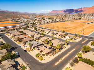 Aerial perspective of suburban area with mountains