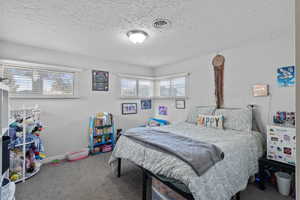 Bedroom featuring carpet and a textured ceiling