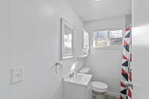 Full bathroom featuring vanity, a shower with curtain, and a textured ceiling