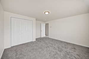 Unfurnished bedroom with carpet floors and a closet