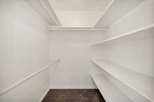 Walk in closet with dark colored carpet