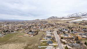 Aerial view of residential area with mountains