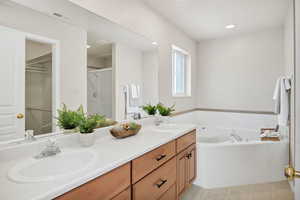 Full bathroom with double vanity, a garden tub, a shower stall, and recessed lighting