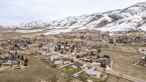 Aerial view of residential area with mountains