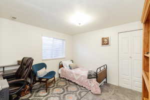 Bedroom with an office area, light carpet, and a closet
