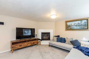Living area featuring carpet floors and a tile fireplace